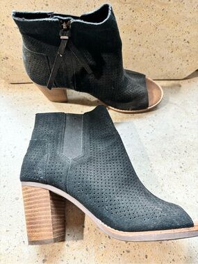 Toms Black Perforated Peep-Toe Ankle Booties with Wood-Look Heel